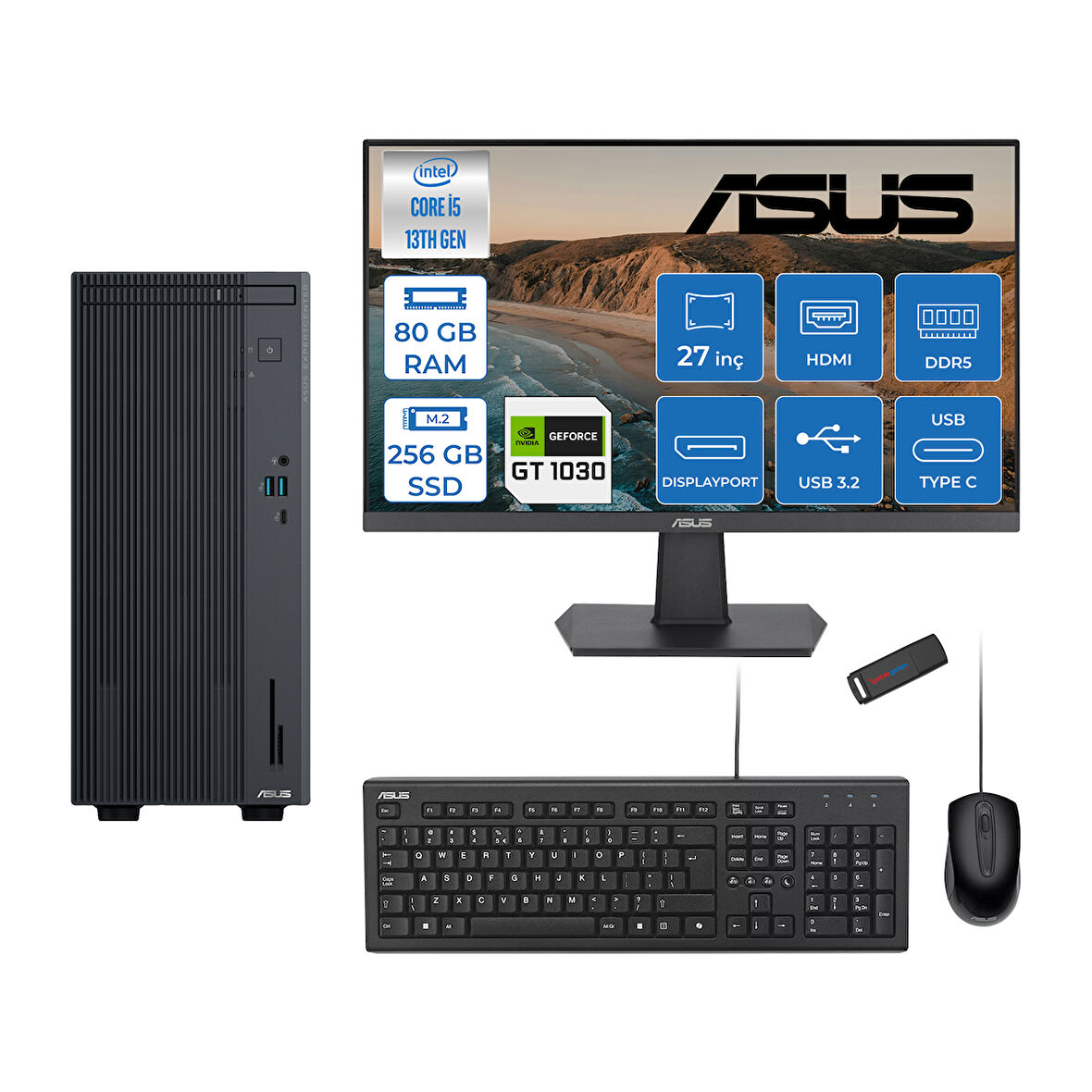 Asus Expertcenter P500MV Intel Core I5-13420H 80GB Ddr5 256GB SSD Freedos 4GB/GT1030 100HZ IPS 27" Mon Minitower Masaüstübilgisayar WJ5136216512B0DF26+ZETTAUSBBELLEK