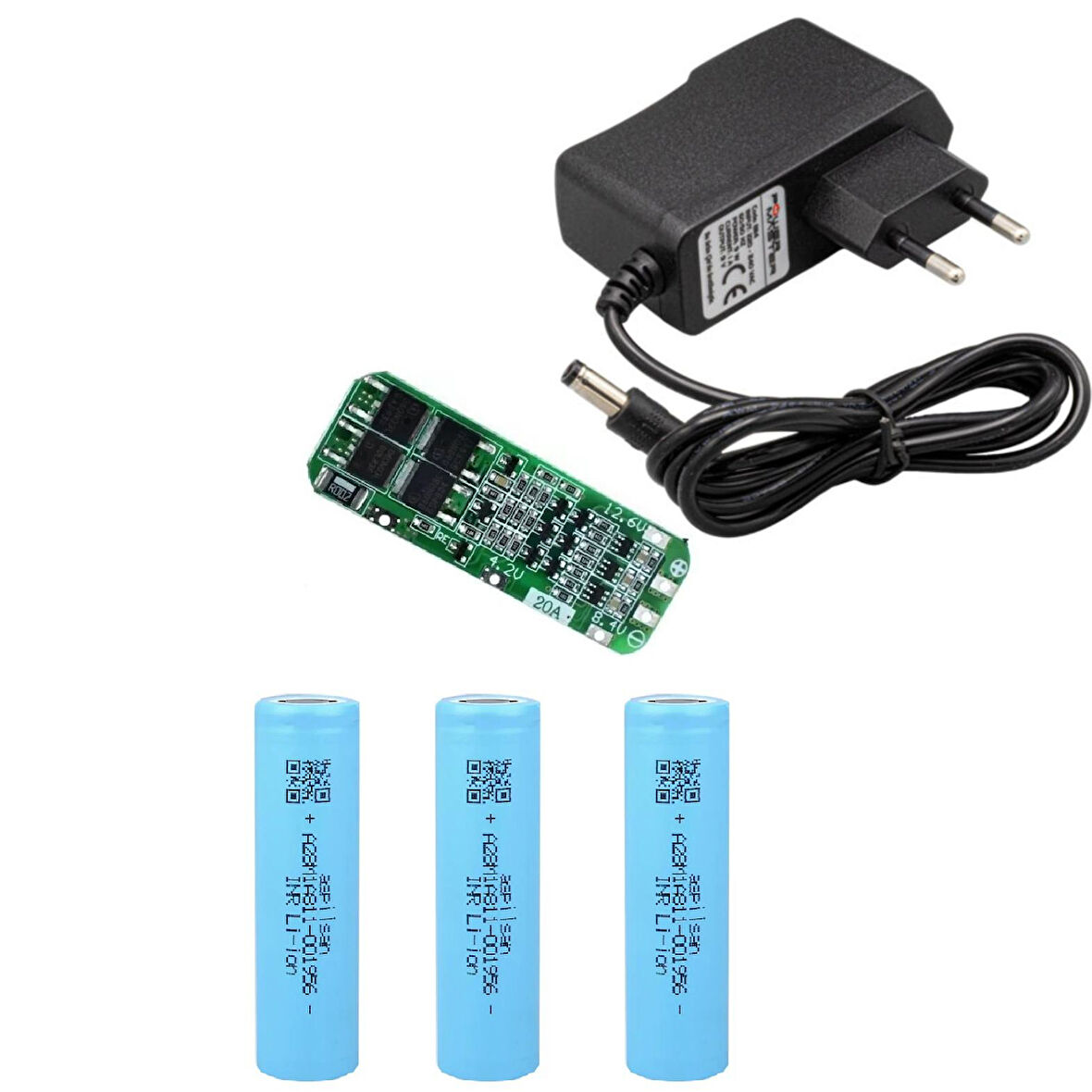 3 Adet Aspilsan Li-ion Pil, 3S 20A BMS. ve 12 Volt 1 Amper Adaptör