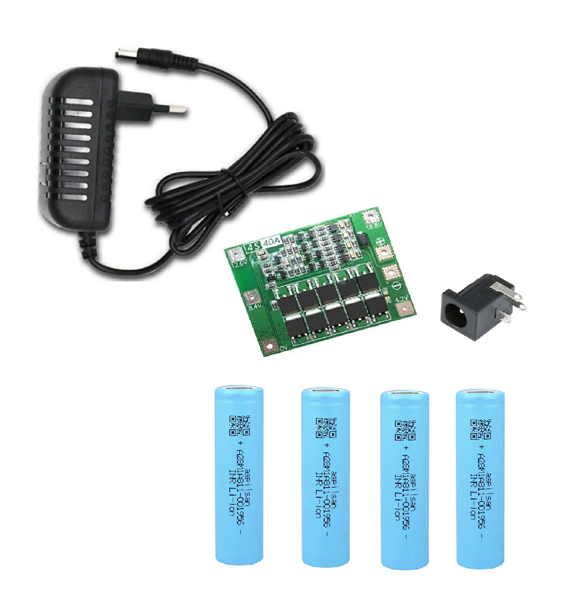 4 Adet Aspilsan Li-ion Pil, 4S 40A BMS, 18 Volt 1 Amper Adaptör ve 5,5x2,5 Dişi Soket