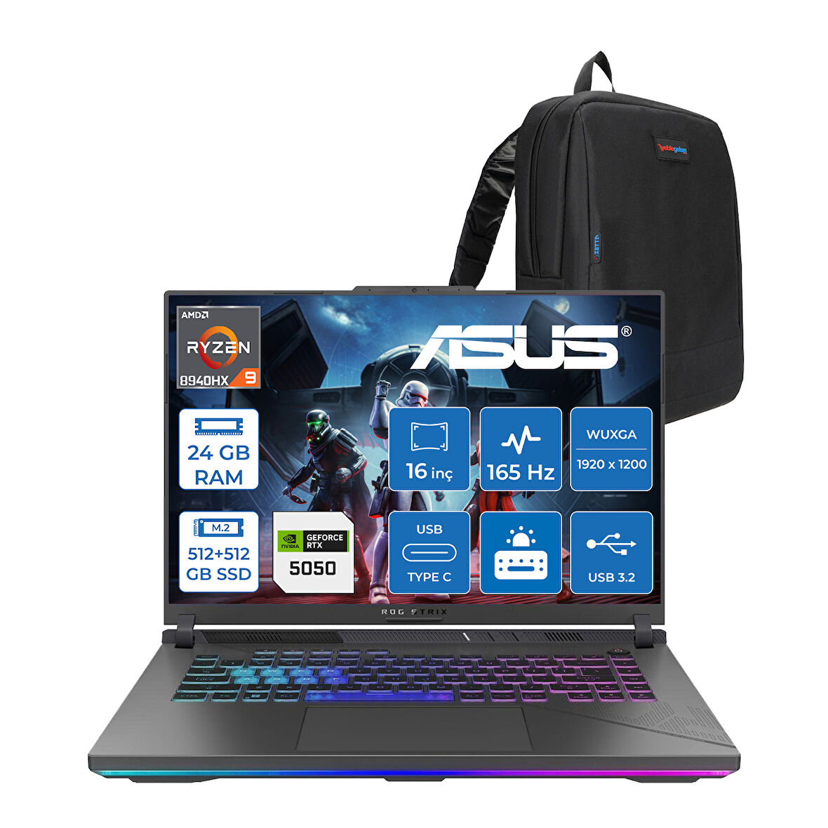 Asus Rog Strix G16 G614PH Amd Ryzen 9 8940HX Aı 24GB GB 512GB SSD +512GB SSD 8GB/RTX5050 Gddr7 115W 16" Wuxga 165Hz 300NİTS  Freedos Gaming Laptop WARV057F02+ZETTAÇANTA