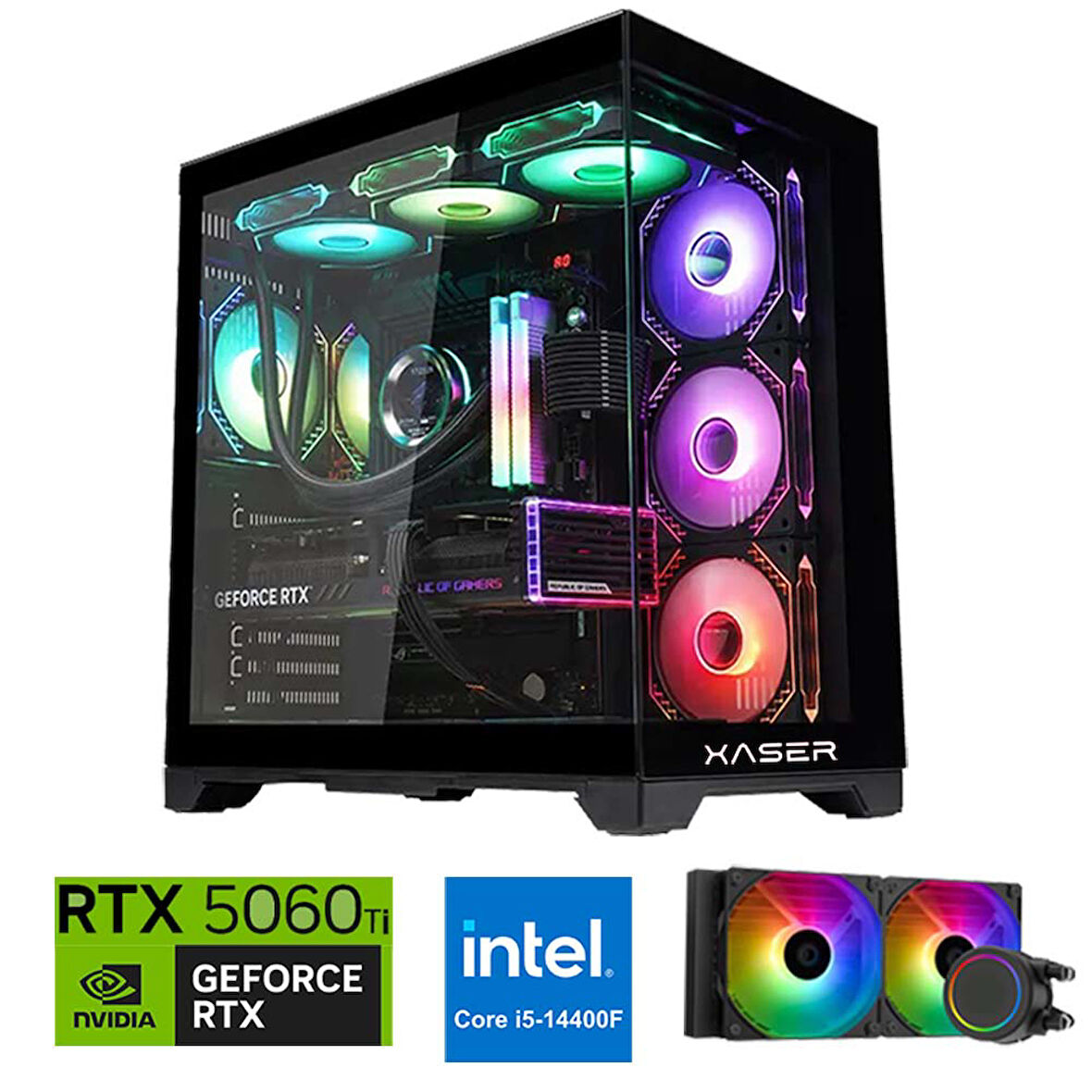 Xaser Lexus x300 i5 14400F 16GB DDR5 Ram 1TB M.2 NVMe SSD 8GB RTX5060 Ti Sıvı Soğutmalı Oyuncu Bilgisayar
