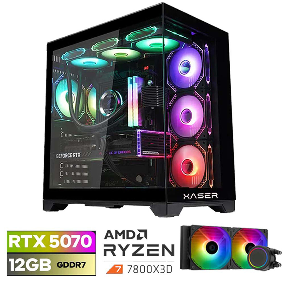 Xaser Lexus x260 Ryzen 7 7800X3D 32GB DDR5 Ram 1TB M.2 NVMe SSD 12GB RTX5070 Sıvı Soğutmalı Oyuncu Bilgisayarı