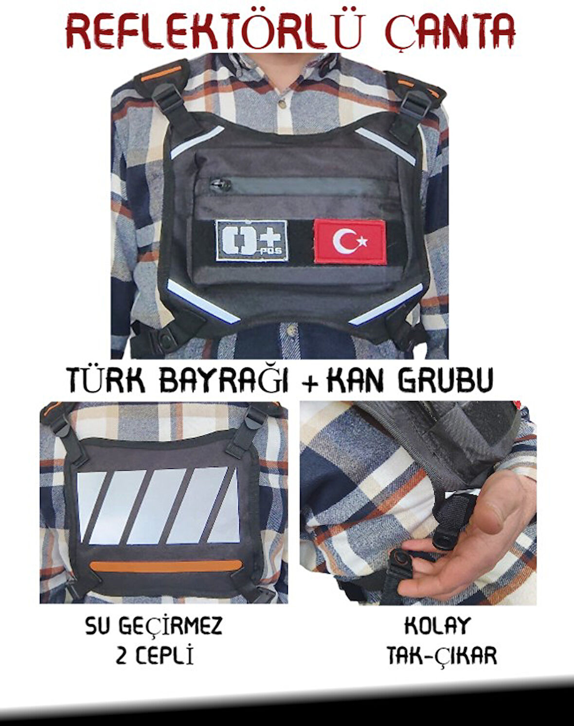 Reflektörlü Gögüs Çantası Kan Grubu 0+ Türk Bayrağı Su Geçirmez Gri Turuncu