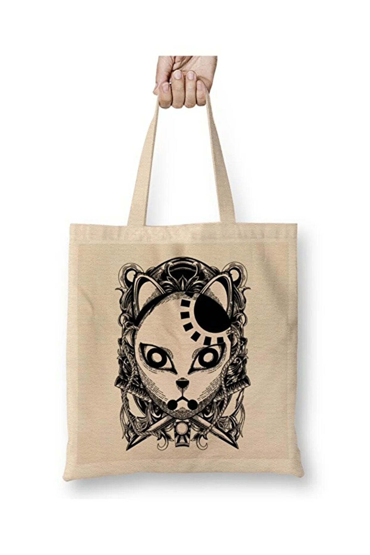 Tanjiro Kamado Engraving Demon Slayer Mask Dark Bez Çanta Uzun Saplı Alışveriş Çantası Plaj Çantası