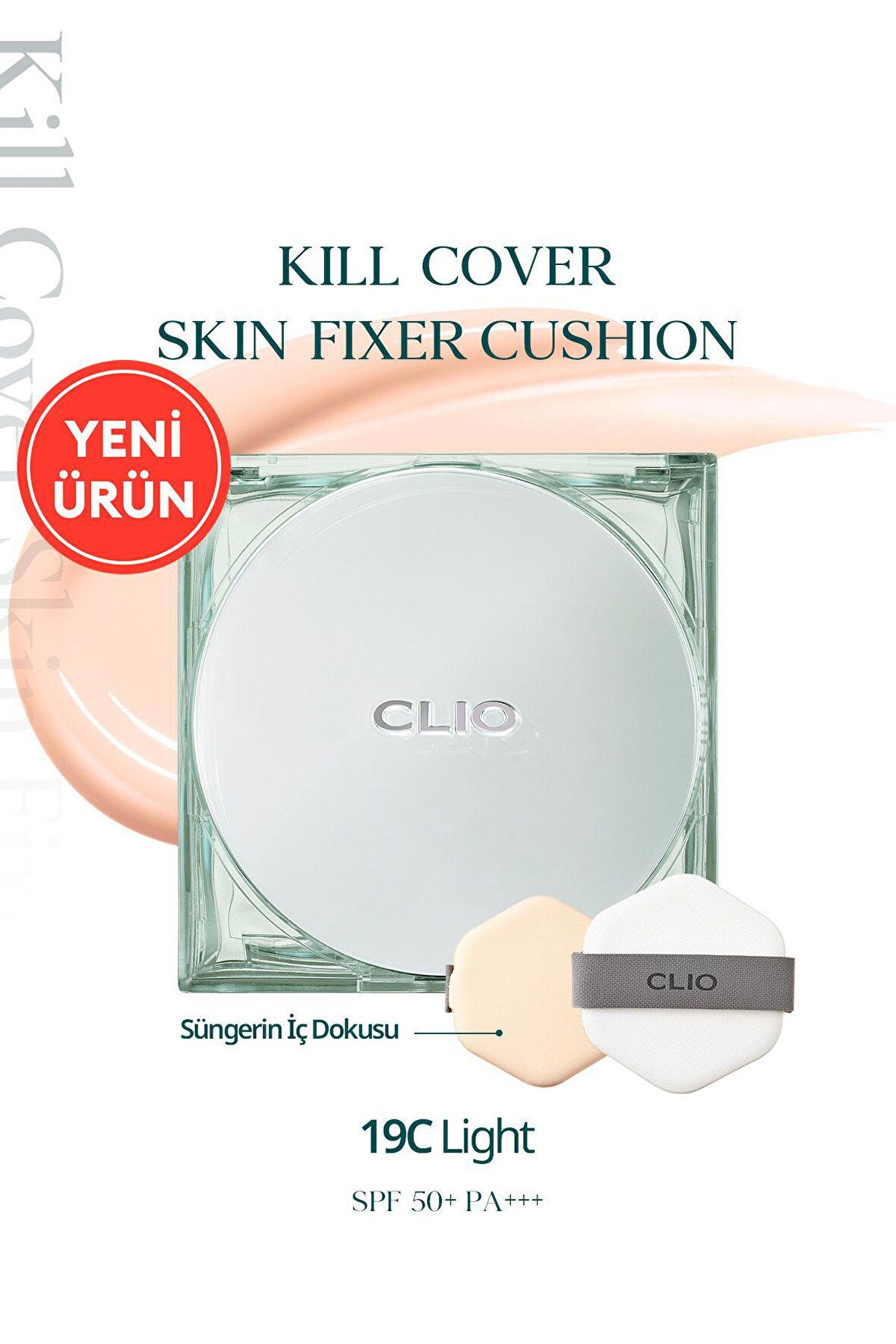 Gün Boyu Kalıcı Mat Cushion Fondöten CLIO Kill Cover Skin Fixer Cushion (19C Light) SPF50+ PA+++