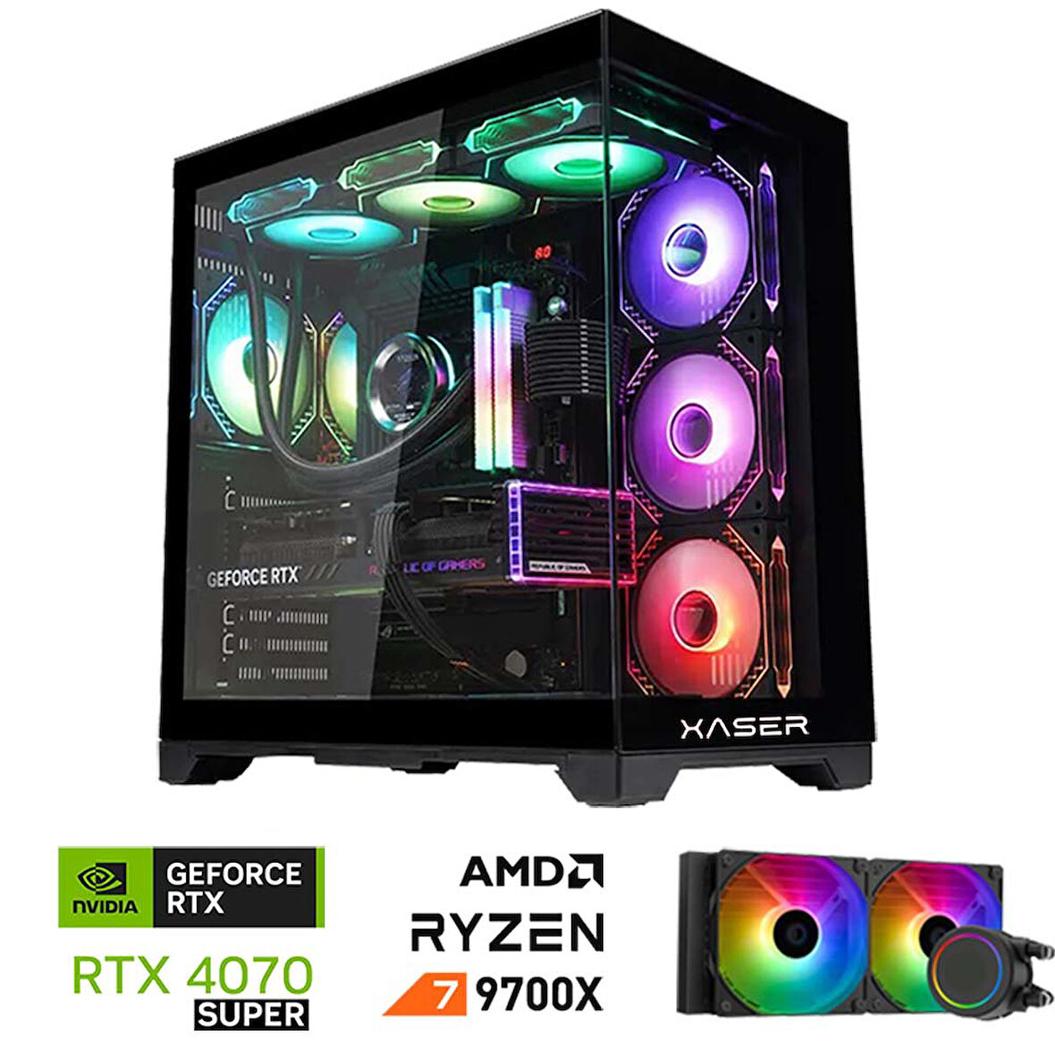Xaser Lexus x280 Ryzen 7 9700X 32GB DDR5 Ram 1TB M.2 NVMe SSD 8GB RTX4070 SUPER Sıvı Soğutmalı Oyuncu Bilgisayarı