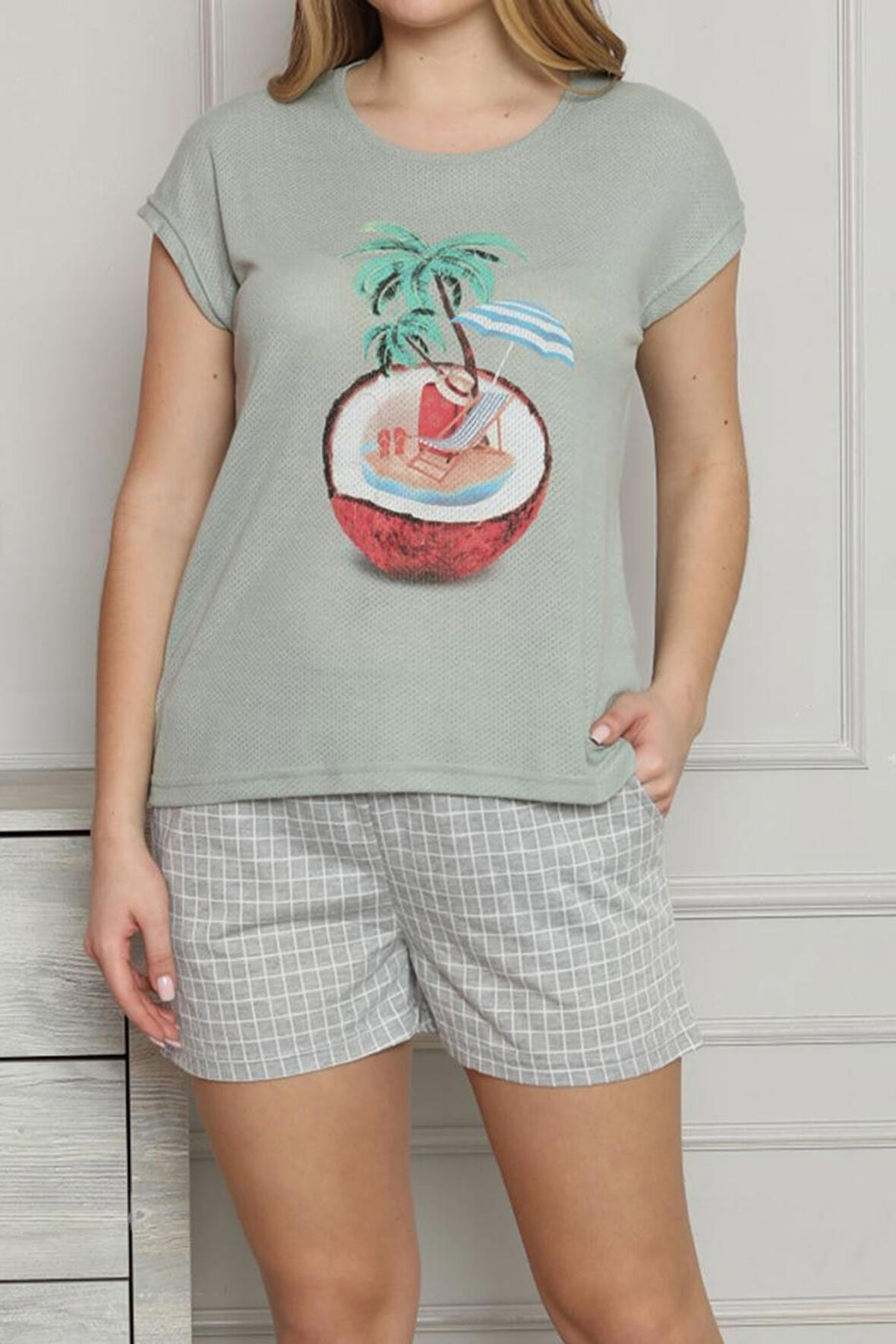 Kadın Şortlu Pijama Takımı Kısa Kollu Cepli Pamuk Likralı YEŞİL