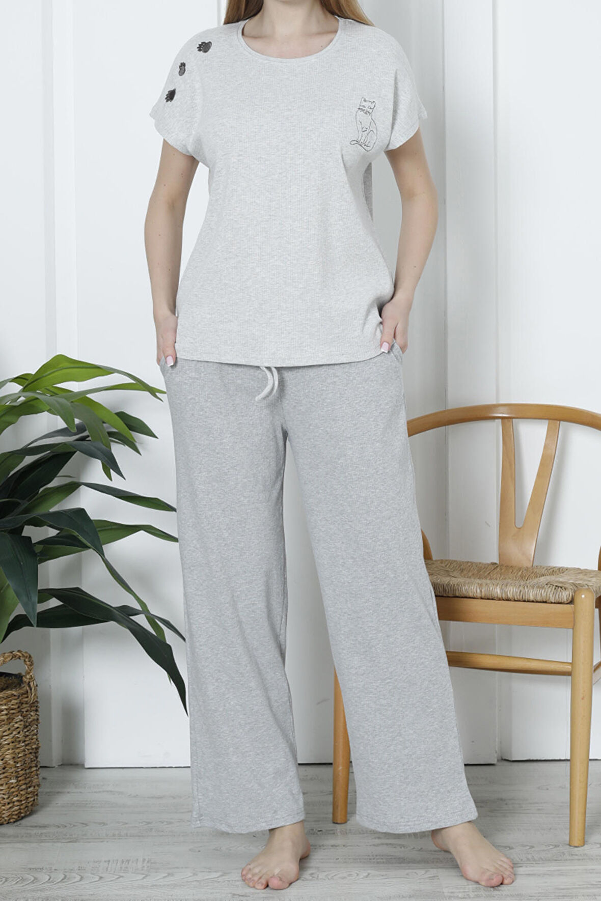 Kadın Pijama Takımı Kısa Kollu Kaşkorse Salaş Cepli GRİ