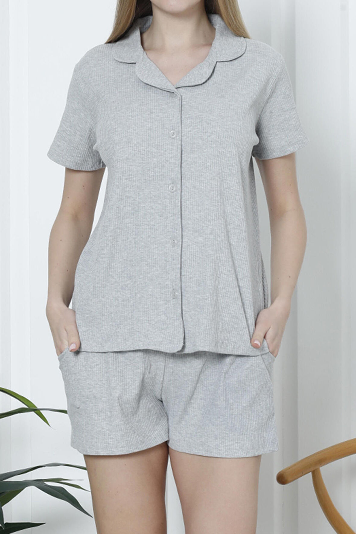 Kadın Şortlu Pijama Takımı Kısa Kollu Kaşkorse Salaş Cepli GRİ