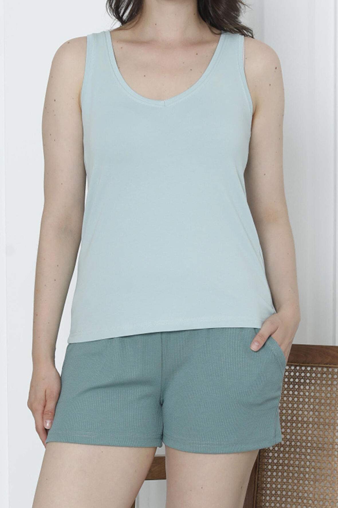 Kadın Şortlu Pijama Takımı Geniş Askılı Likrali Cepli Kaşkorse Şort YEŞİL
