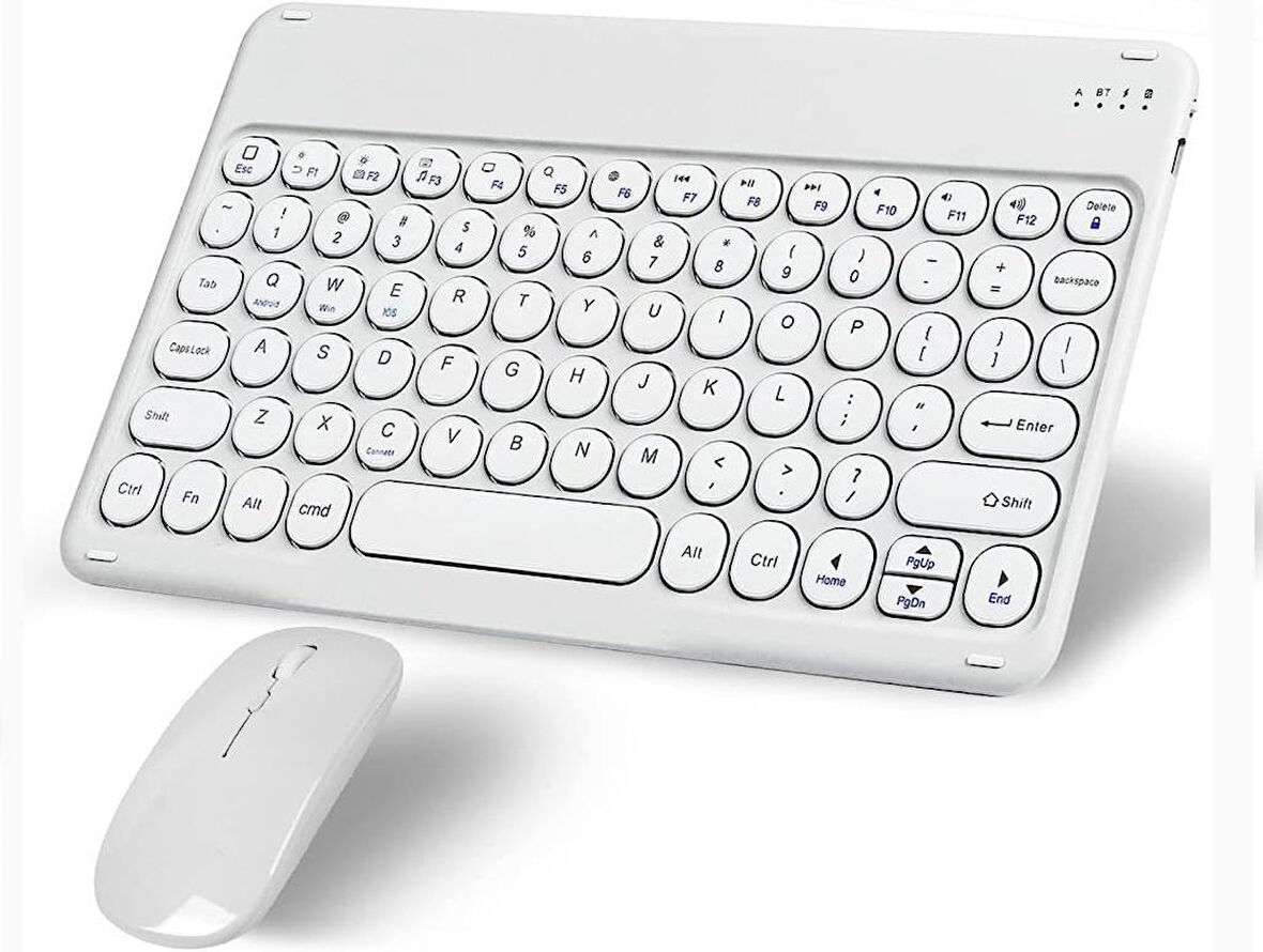 Samsung Galaxy Tab A SM-T280 7" Uyumlu Kablosuz Bluetooth Şarj Edilebilir Yuvarlak Tuşlu Klavye Mouse Seti - Beyaz
