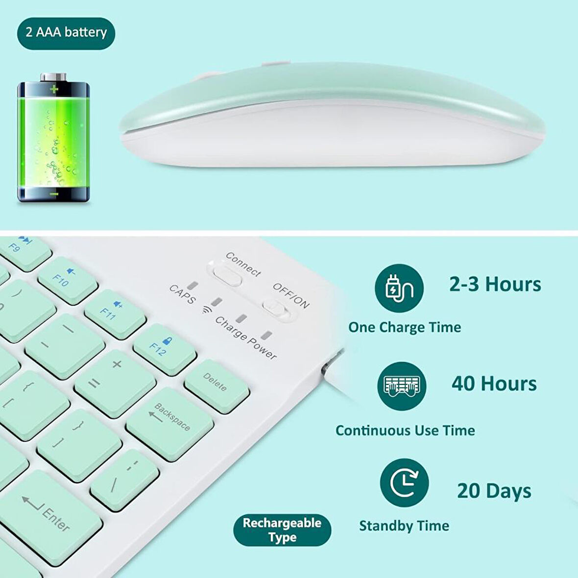 Vorcom QuartzLite 10.1" Uyumlu Kablosuz Bluetooth Şarj Edilebilir Klavye Mouse Seti - Yeşil