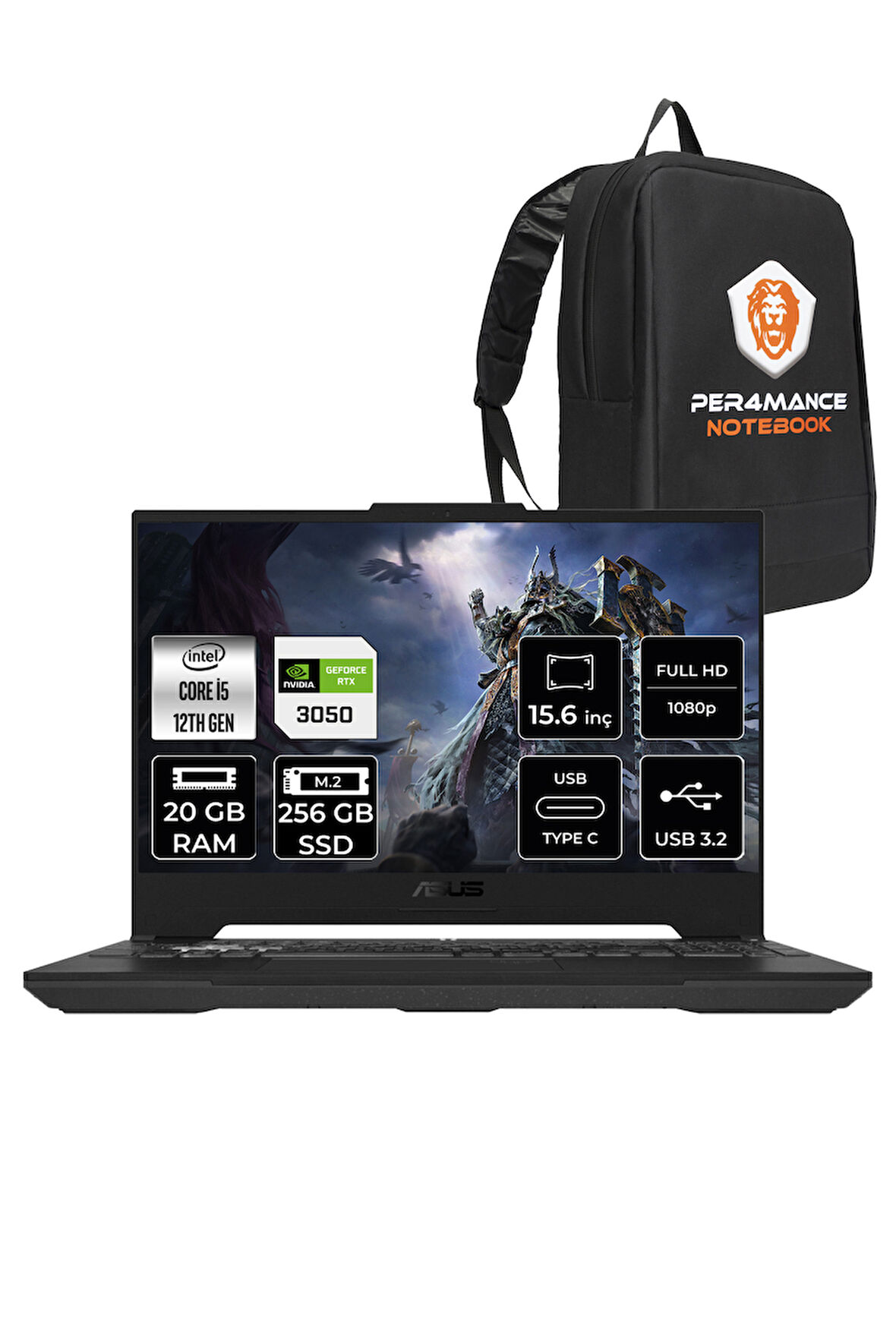 Asus TUF Gaming F15 i5 12500H 20GB 256GB SSD RTX3050/4GB 95W 15.6" FHD 144HZ FDOS HN081 & PER4 ÇANTA