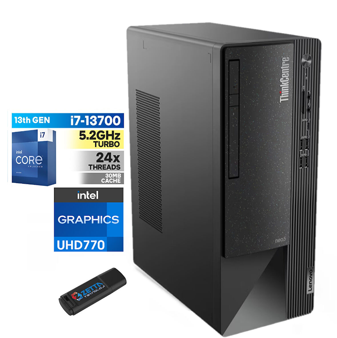Lenovo Thinkcentre Neo 50T Gen4 Intel I7 13700 32GB 512GB SSD Freedos Masaüstü Blgisayar 112JB005ATR12+ZETTAUSBBELLEK