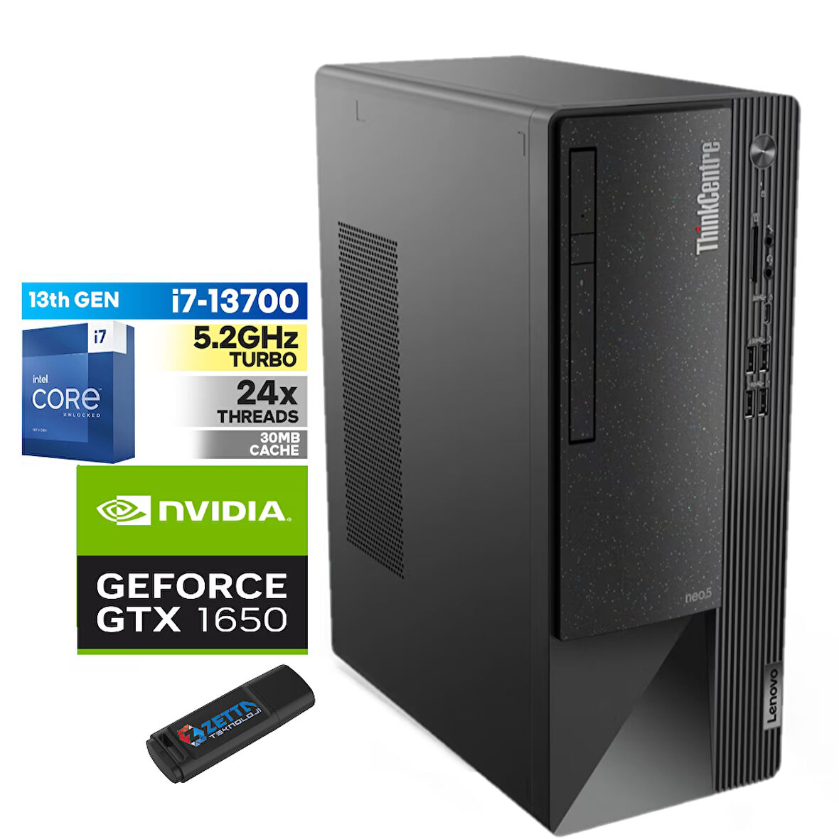 Lenovo Thinkcentre Neo 50T Gen4 Intel I7 13700 8gb 2tb SSD 4GB/GTX1650 Freedos Masaüstü Blgisayar 312JB005ATR04+ZETTAUSBBELLEK