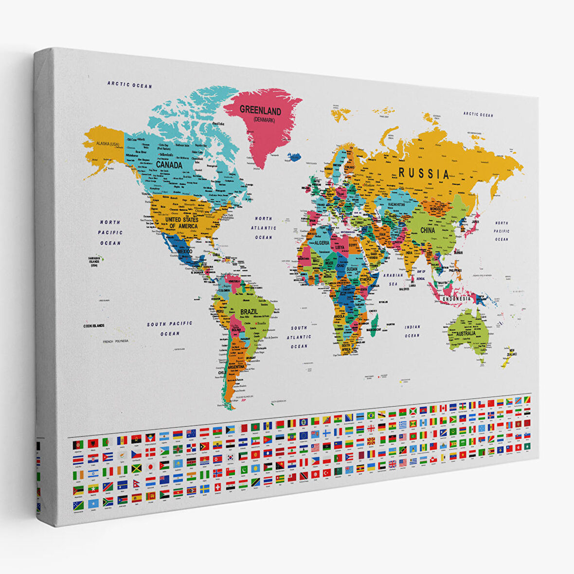 Harita Sepeti Dünya Haritası Son Derece Ayrıntılı Eğitici ve Bayraklı Dekoratif Kanvas Tablo 2796