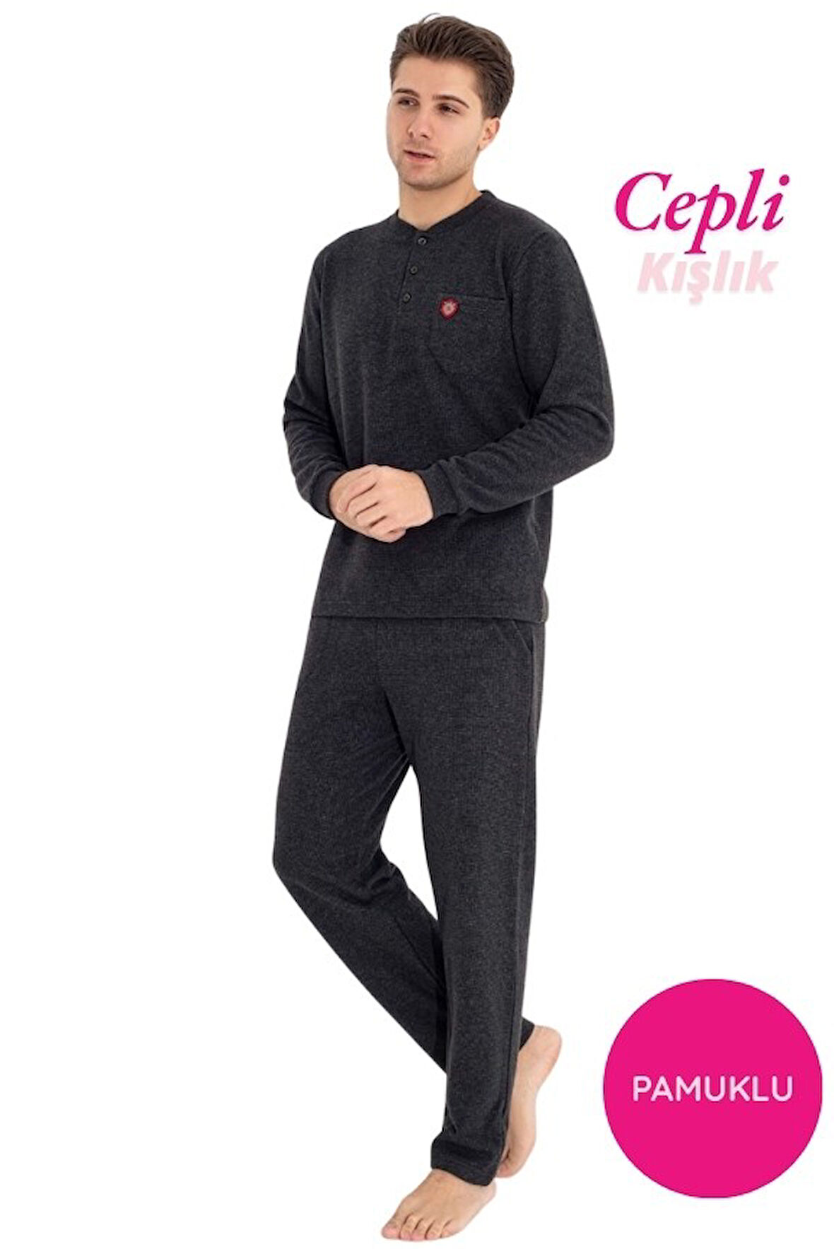 Guava Erkek 3 Düğme Göğüs Cepli Kışlık Pamuklu Selanik Kumaş Uzun Manşetli Kol Cepli Pijama Takımı 