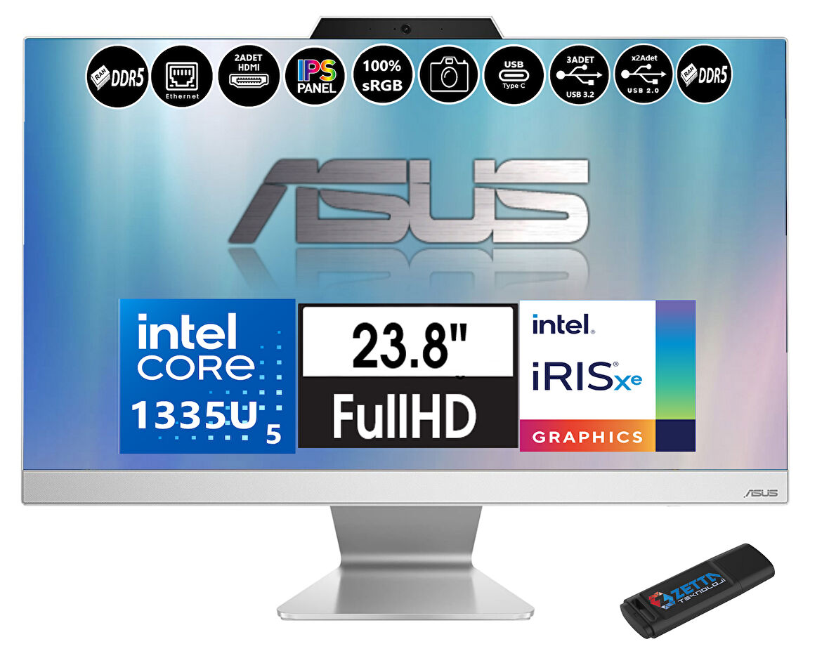 Asus A3402 Intel Core I5 1335U 64GB Ddr5 1tb SSD Fhd 23.8" IPS 100Hz WINDOWS11PRO All In One Bilgisayar A3402WBAK 58512W0DW18+ZETTAUSBBELLEK