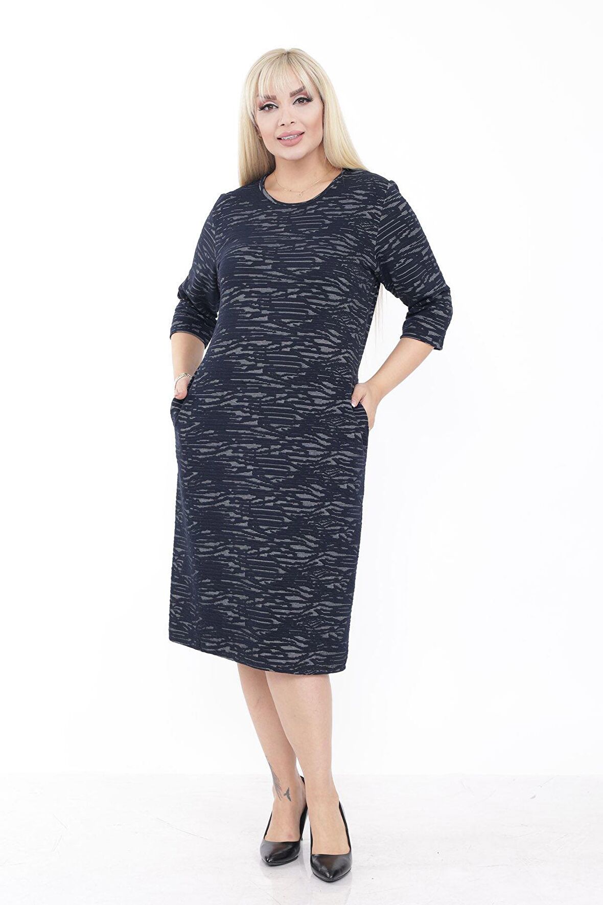 Büyük Beden Cepli Kışlık Esnek Elbise 27E-2233