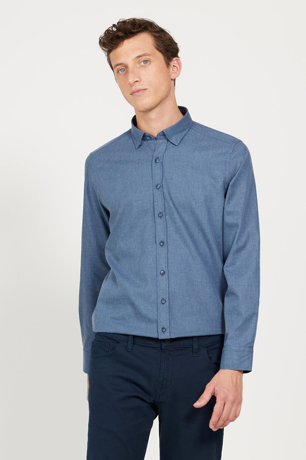Slim Fit Dar Kesim Düğmeli Yaka Flanel Oduncu Gömlek