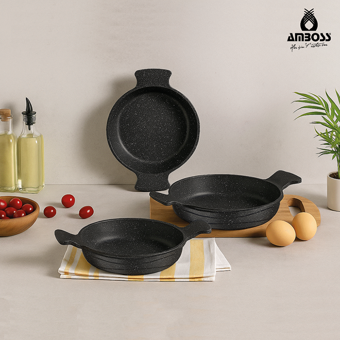 Amboss Daisy 3 Parça Döküm Yanmaz Yapışmaz Omlet (sahan) Seti