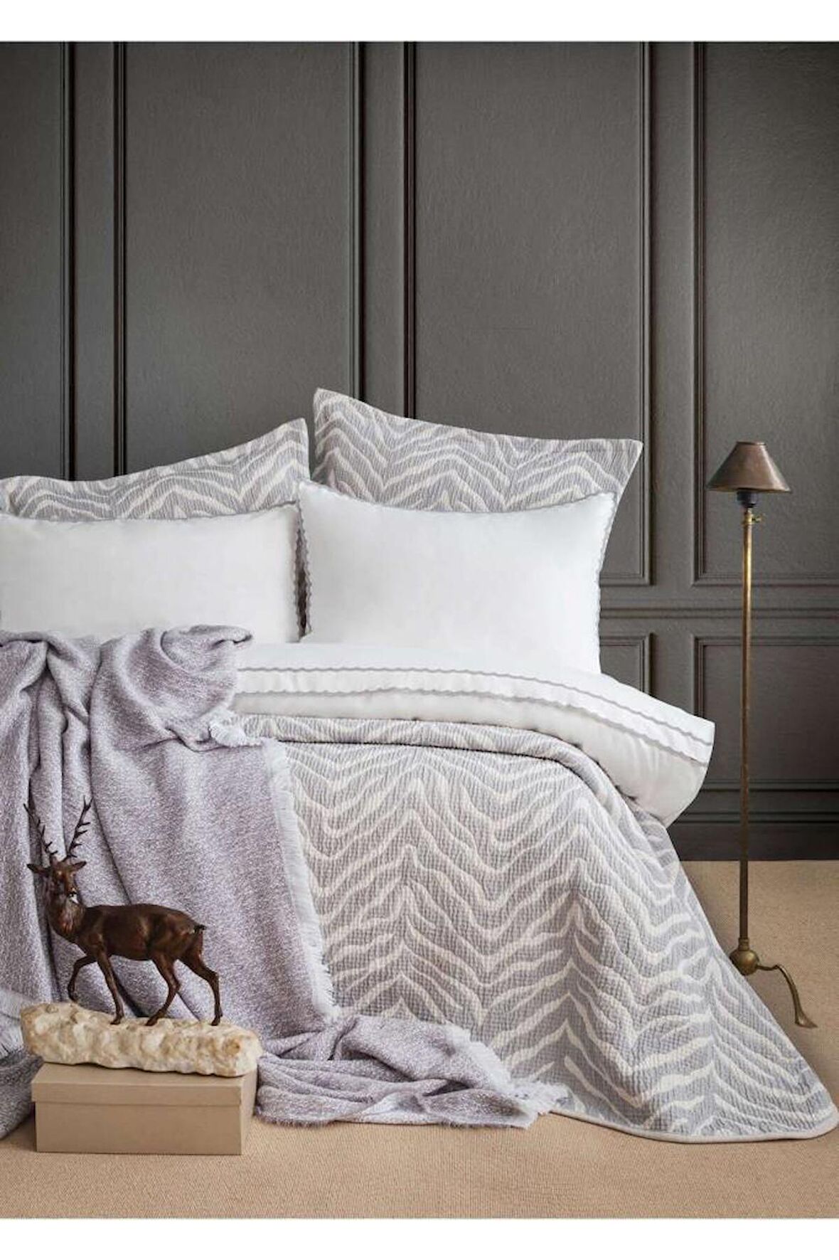 Apricitas Home Timeless Prime Set Londa Gri Çift Kişilik Battaniyeli Ve Yatak Örtülü %100 Pamuk N.takm
