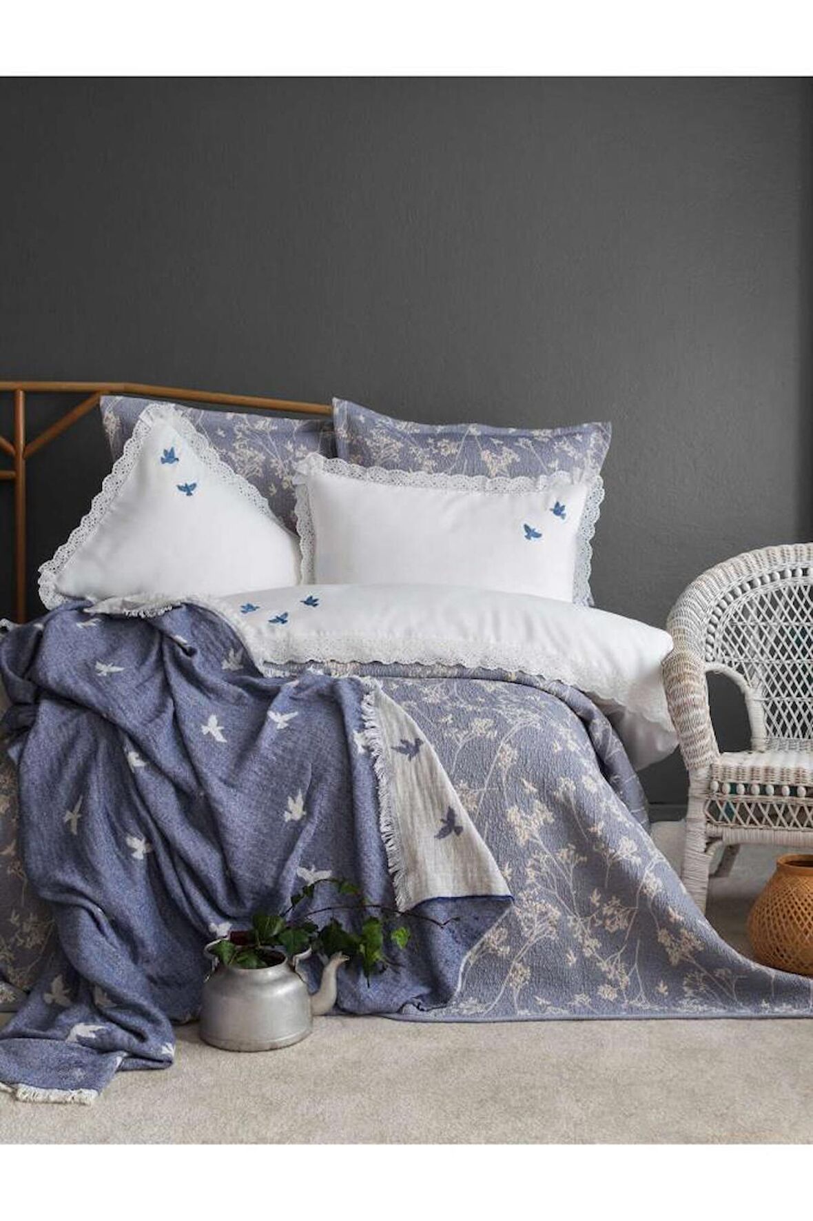 Apricitas Home Timeless Prime Set Albatros indigo Çift Kişilik %100 Pamuk Battaniyeli Nevresim Takımı