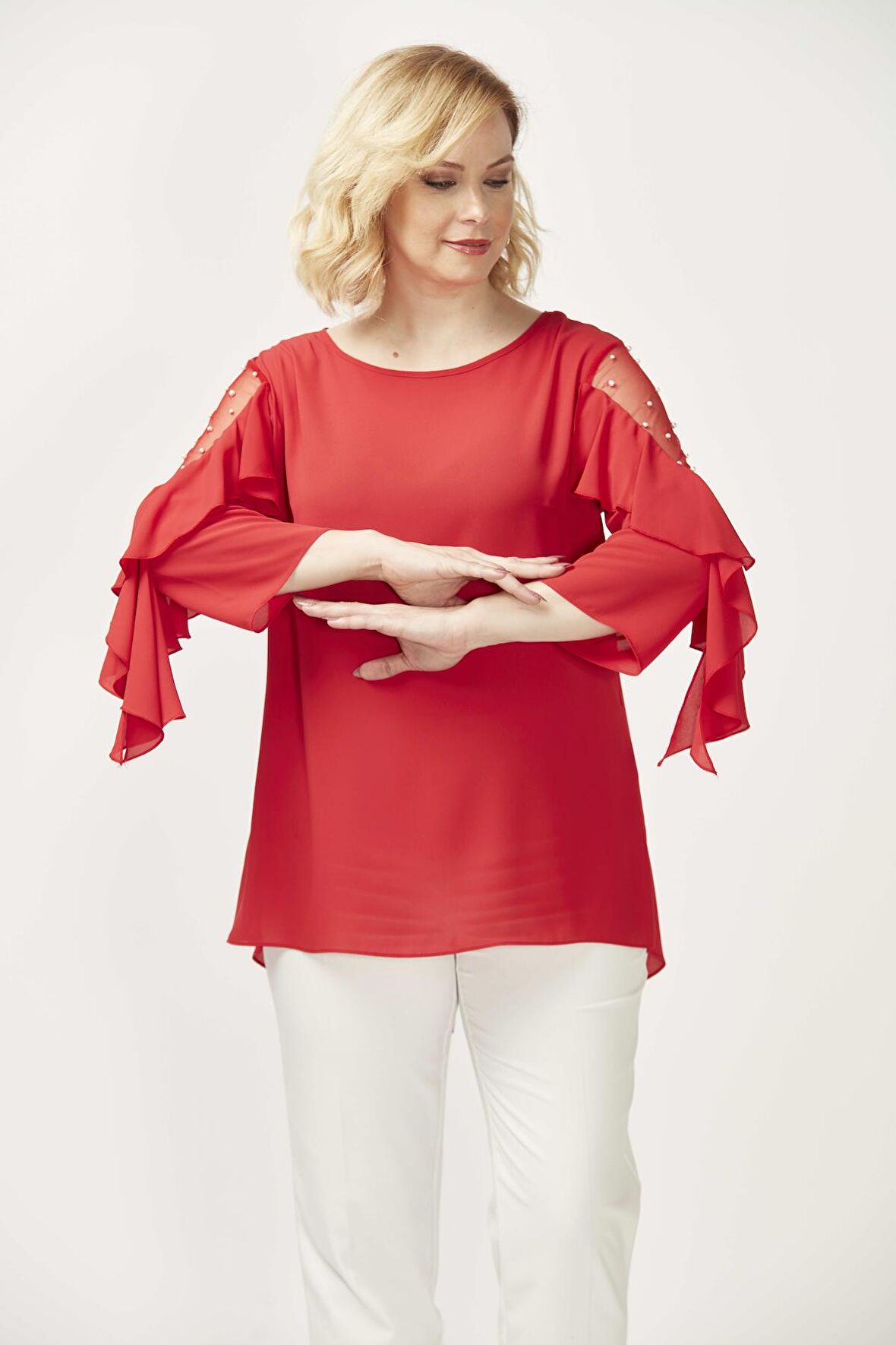 28004 Kolları İncili Büyük Beden Bluz Nar Çiçeği