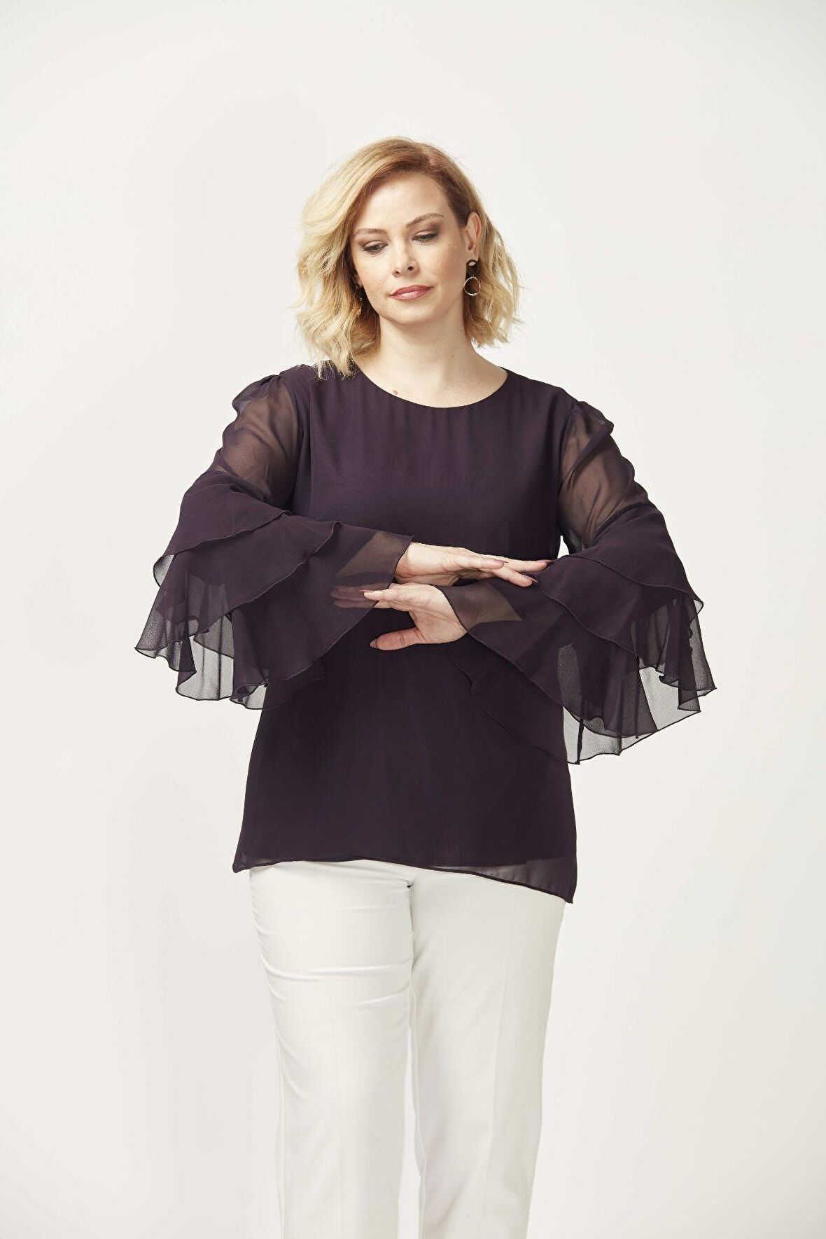 28009 Kolları Fırfırlı Büyük Beden Bluz Koyu Mürdüm