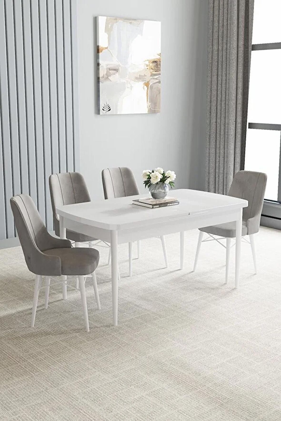 Loft Beyaz 80x132 Açılabilir Mdf Yemek Odası Takımı 4 Adet Sandalye