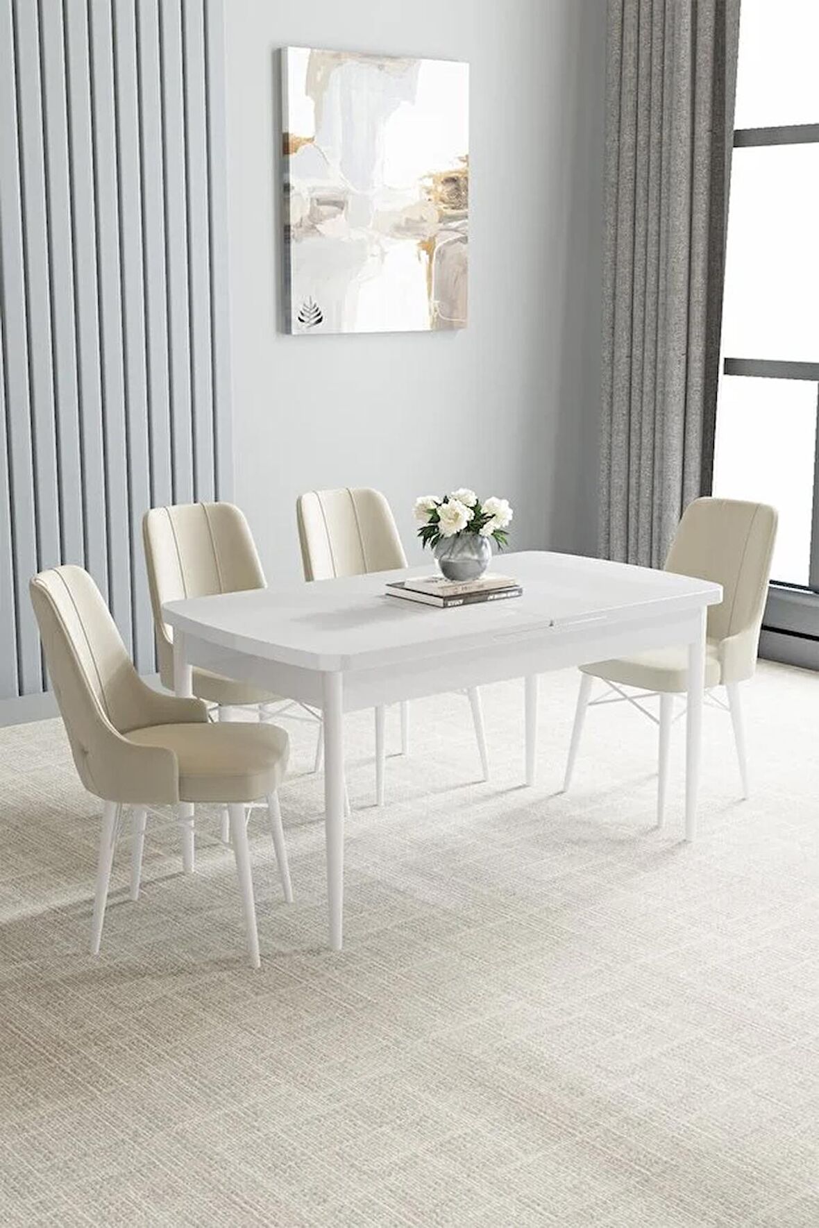 Loft Beyaz 80x132 Açılabilir Mdf Yemek Odası Takımı 4 Adet Sandalye