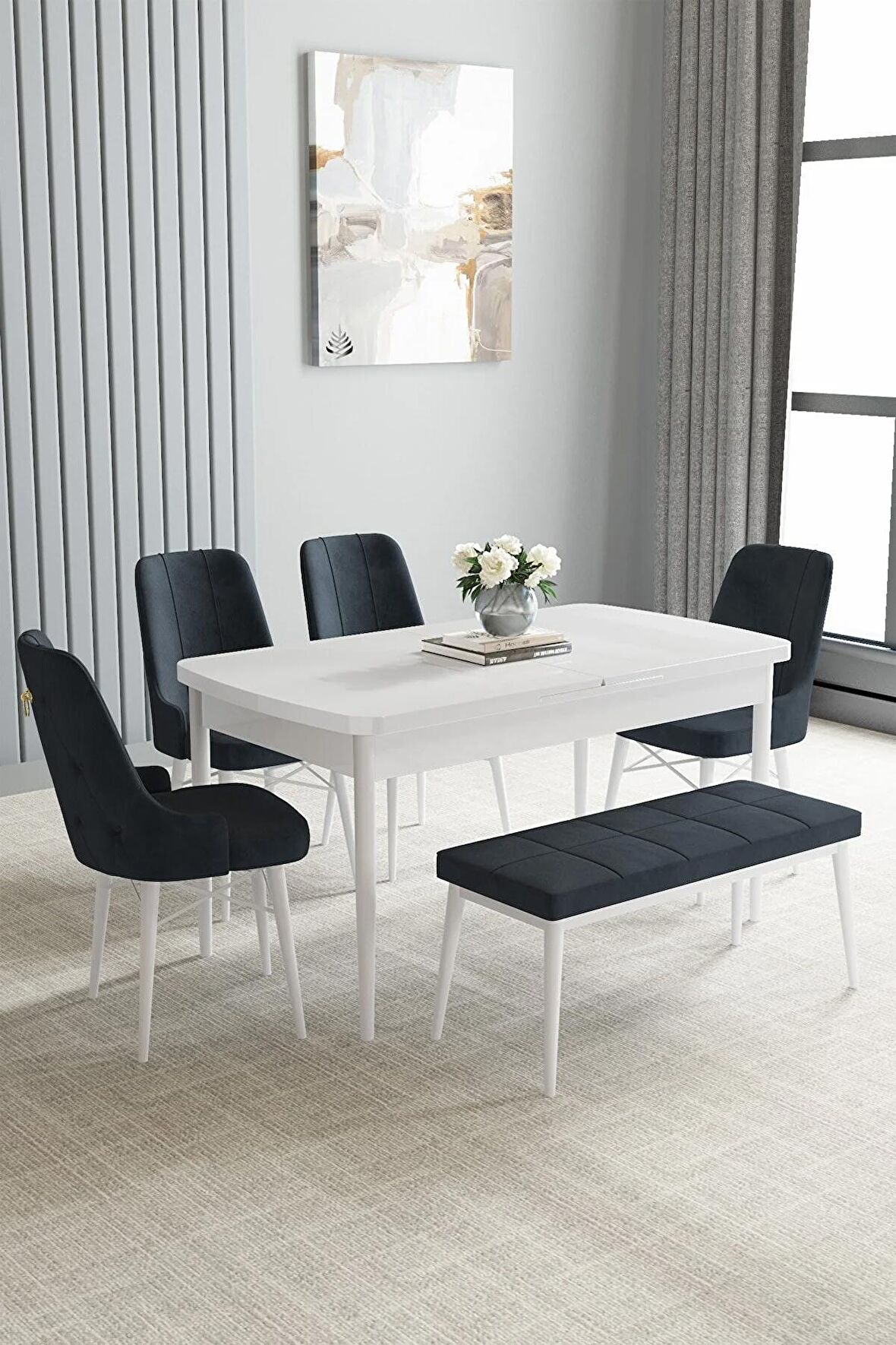 Loft Beyaz 80x132 Açılabilir Mdf Yemek Odası Takımı 4 Sandalye, 1 Bench