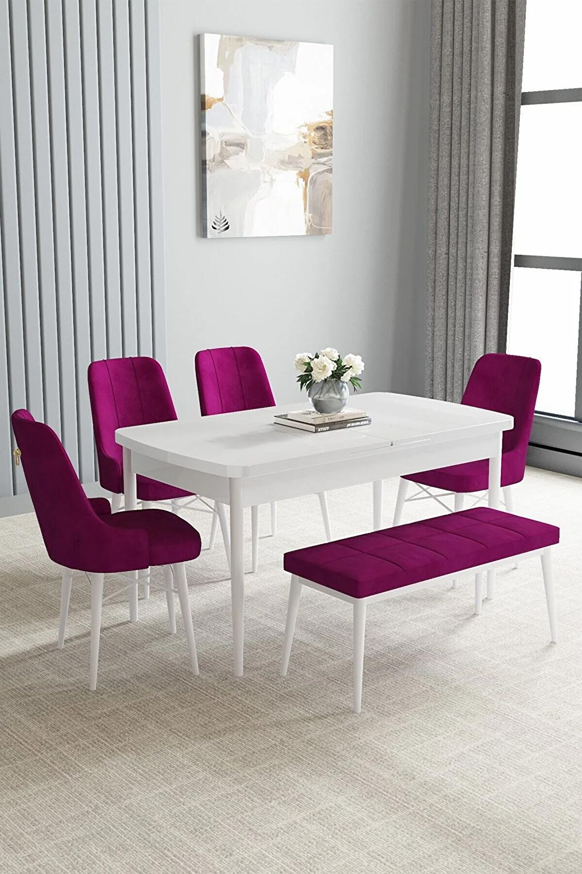Loft Beyaz 80x132 Açılabilir Mdf Yemek Odası Takımı 4 Sandalye, 1 Bench