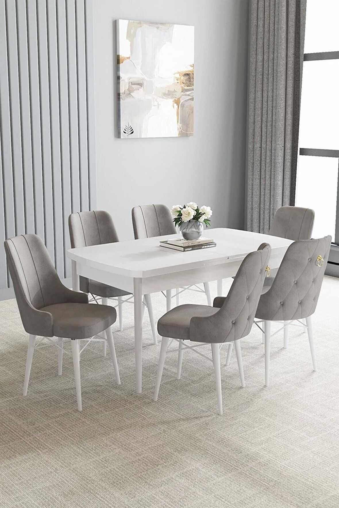 Loft Beyaz 80x132 Açılabilir Mdf Yemek Odası Takımı 6 Adet Sandalye