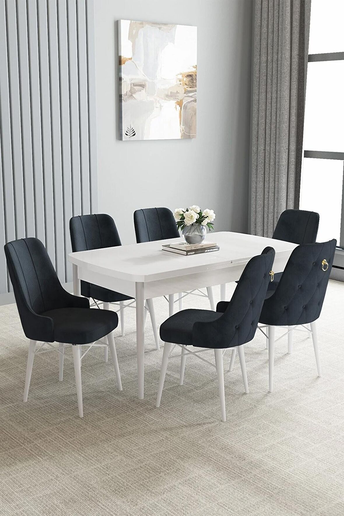 Loft Beyaz 80x132 Açılabilir Mdf Yemek Odası Takımı 6 Adet Sandalye