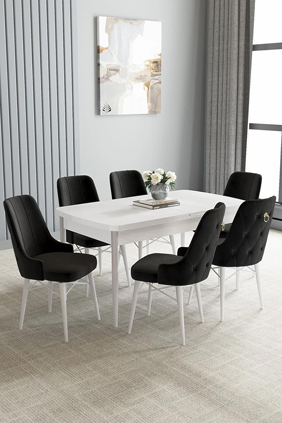 Loft Beyaz 80x132 Açılabilir Mdf Yemek Odası Takımı 6 Adet Sandalye