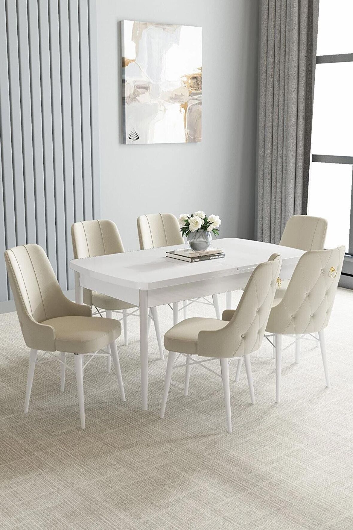 Loft Beyaz 80x132 Açılabilir Mdf Yemek Odası Takımı 6 Adet Sandalye