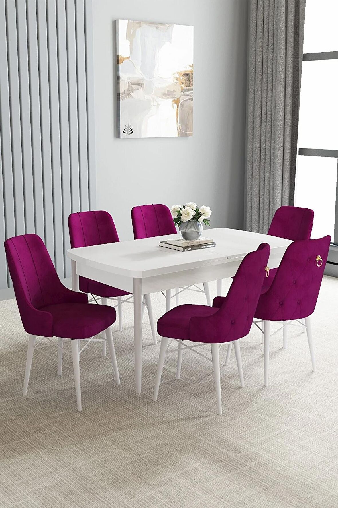Loft Beyaz 80x132 Açılabilir Mdf Yemek Odası Takımı 6 Adet Sandalye