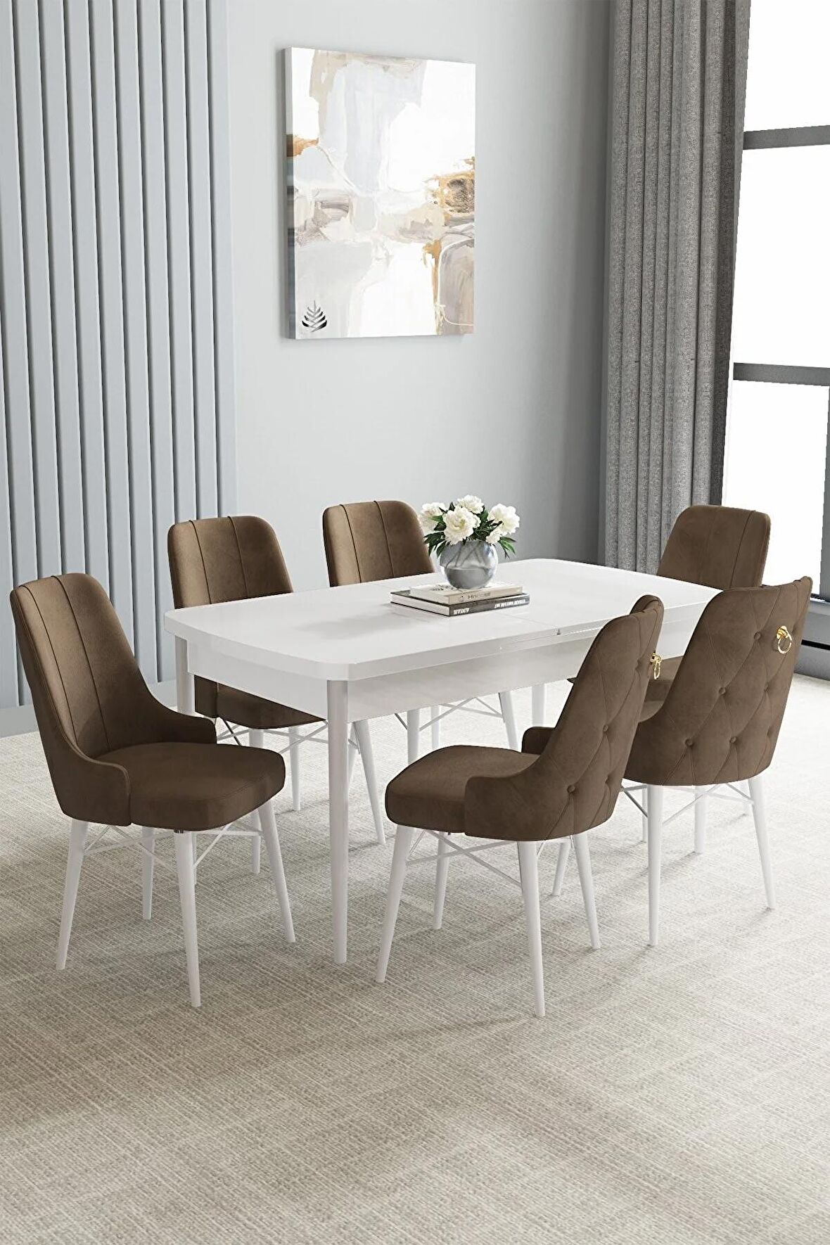 Loft Beyaz 80x132 Açılabilir Mdf Yemek Odası Takımı 6 Adet Sandalye
