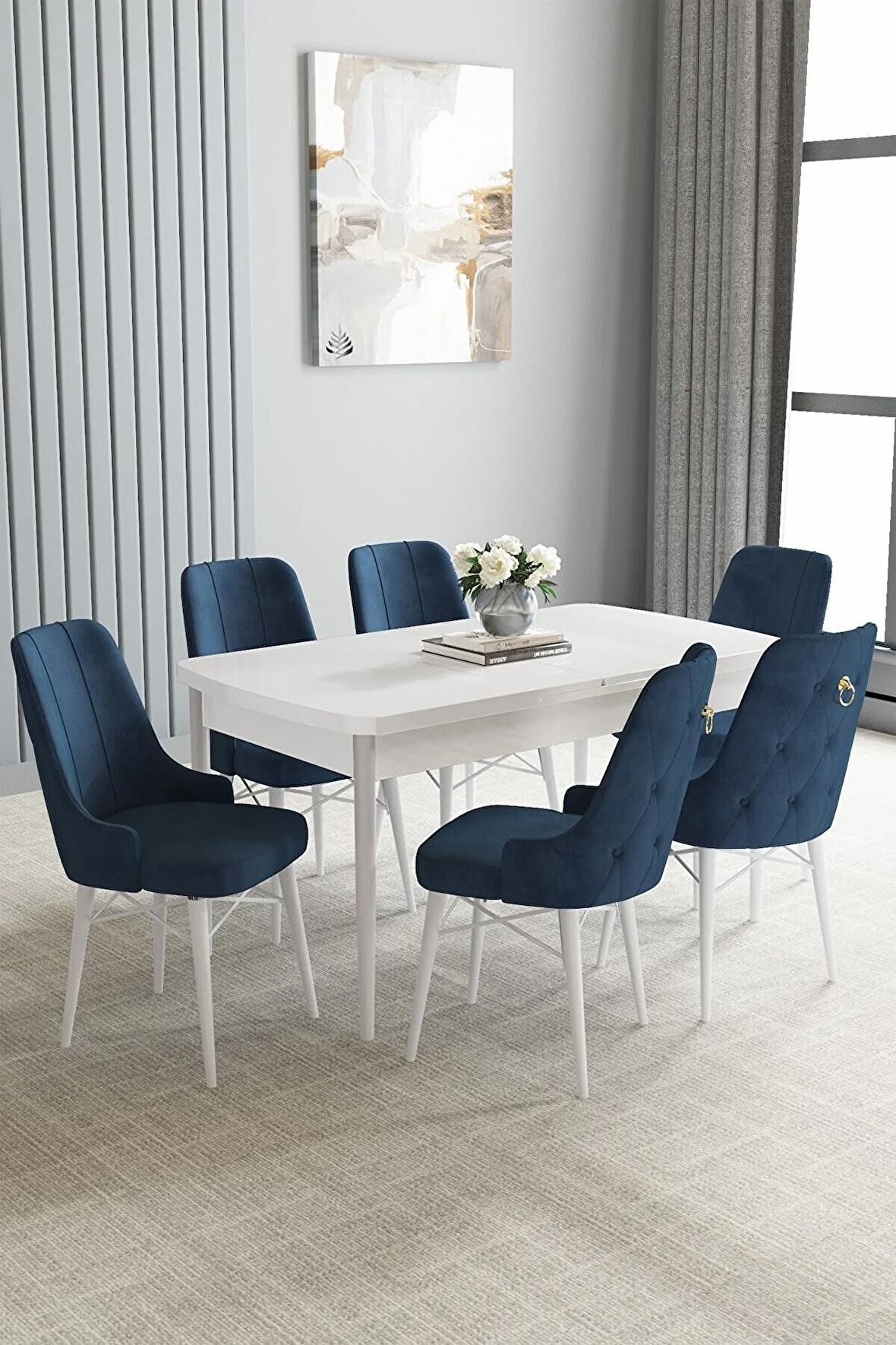 Loft Beyaz 80x132 Açılabilir Mdf Yemek Odası Takımı 6 Adet Sandalye