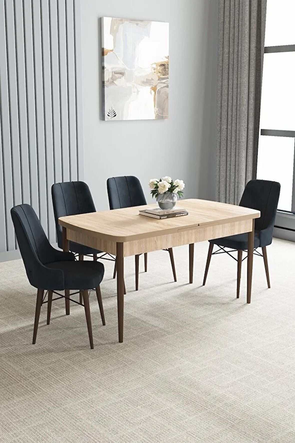 Loft Meşe Desen 80x132 Açılabilir Mdf Yemek Odası Takımı 4 Adet Sandalye