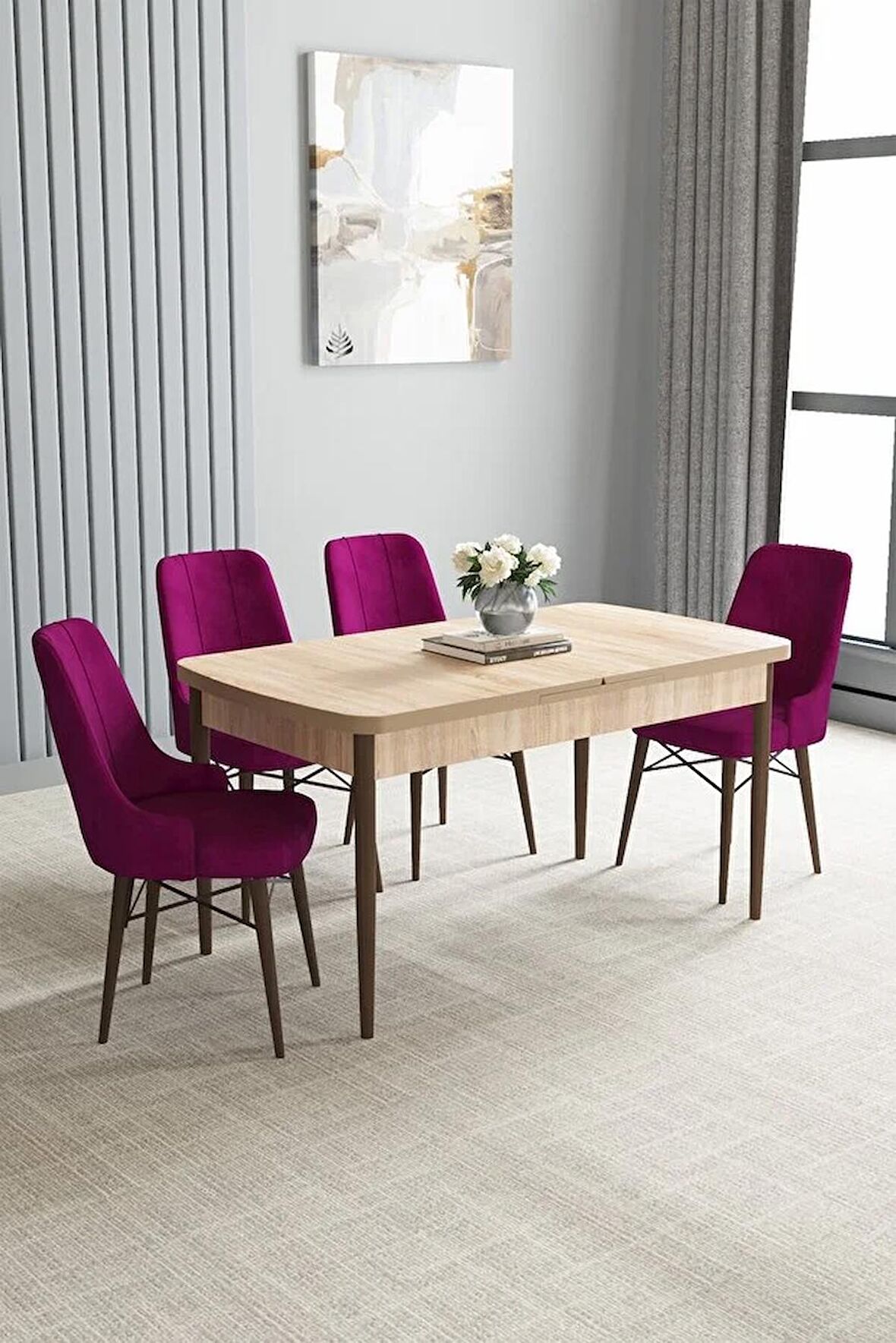 Loft Meşe Desen 80x132 Açılabilir Mdf Yemek Odası Takımı 4 Adet Sandalye