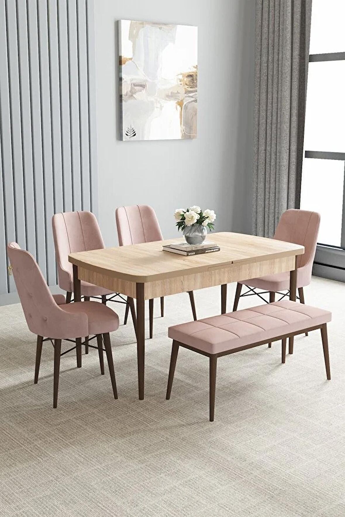 Loft Meşe Desen 80x132 Açılabilir Mdf Yemek Odası Takımı 4 Sandalye, 1 Bench