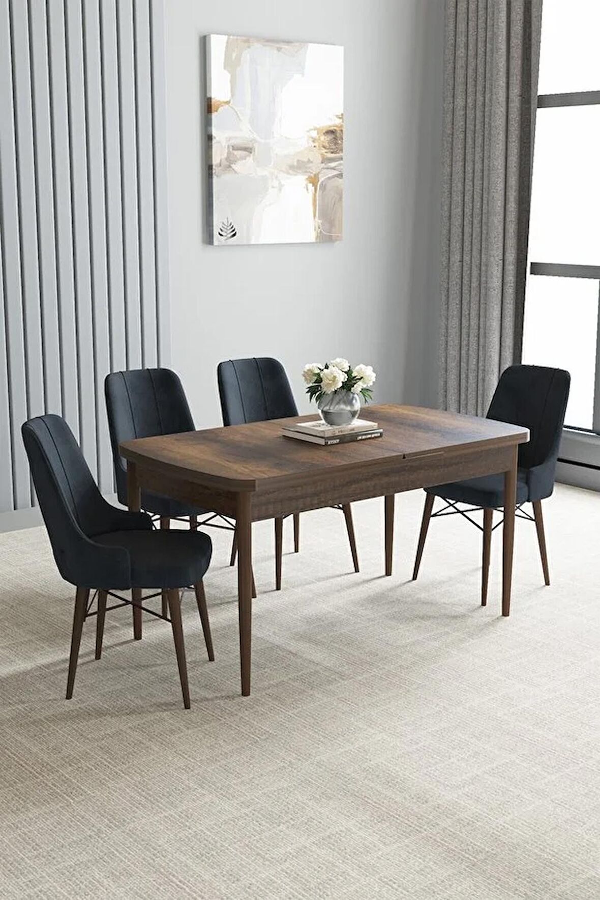 Loft Barok Desen 80x132 Açılabilir Mdf Yemek Odası Takımı 4 Adet Sandalye