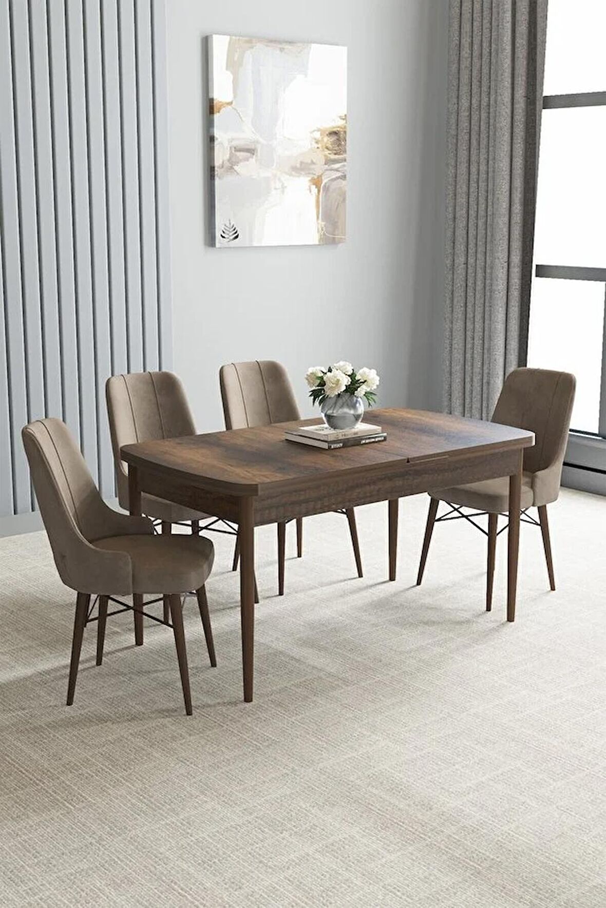 Loft Barok Desen 80x132 Açılabilir Mdf Yemek Odası Takımı 4 Adet Sandalye
