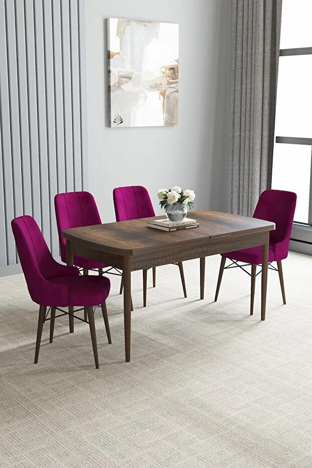 Loft Barok Desen 80x132 Açılabilir Mdf Yemek Odası Takımı 4 Adet Sandalye