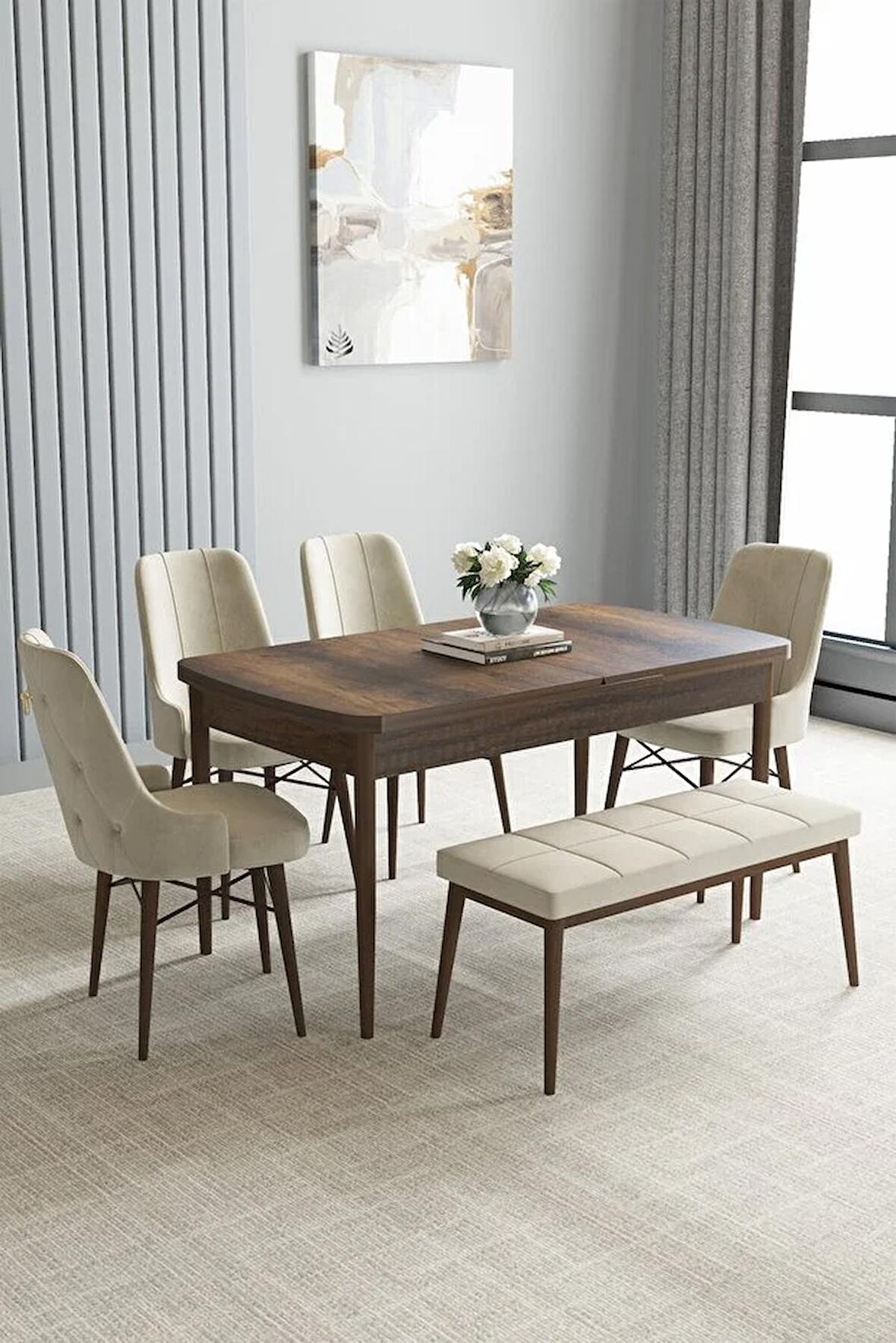Loft Barok Desen 80x132 Açılabilir Mdf Yemek Odası Takımı 4 Sandalye, 1 Bench