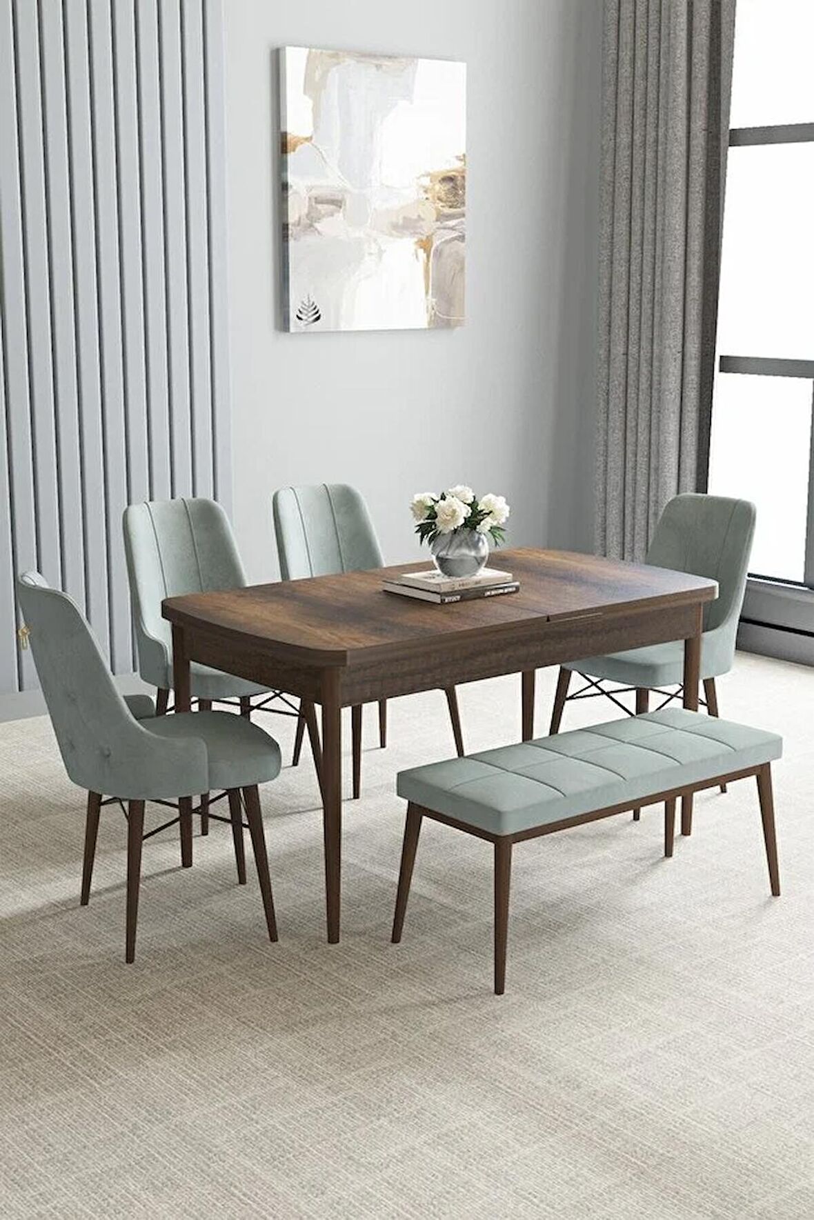 Loft Barok Desen 80x132 Açılabilir Mdf Yemek Odası Takımı 4 Sandalye, 1 Bench