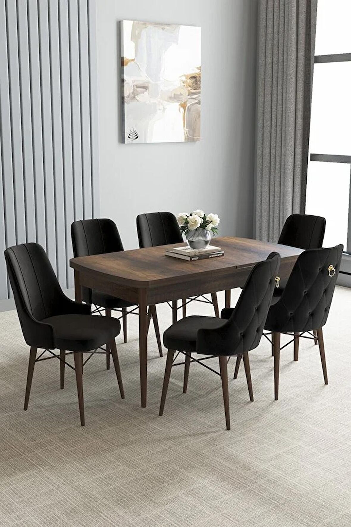 Loft Barok Desen 80x132 Açılabilir Mdf Yemek Odası Takımı 6 Adet Sandalye