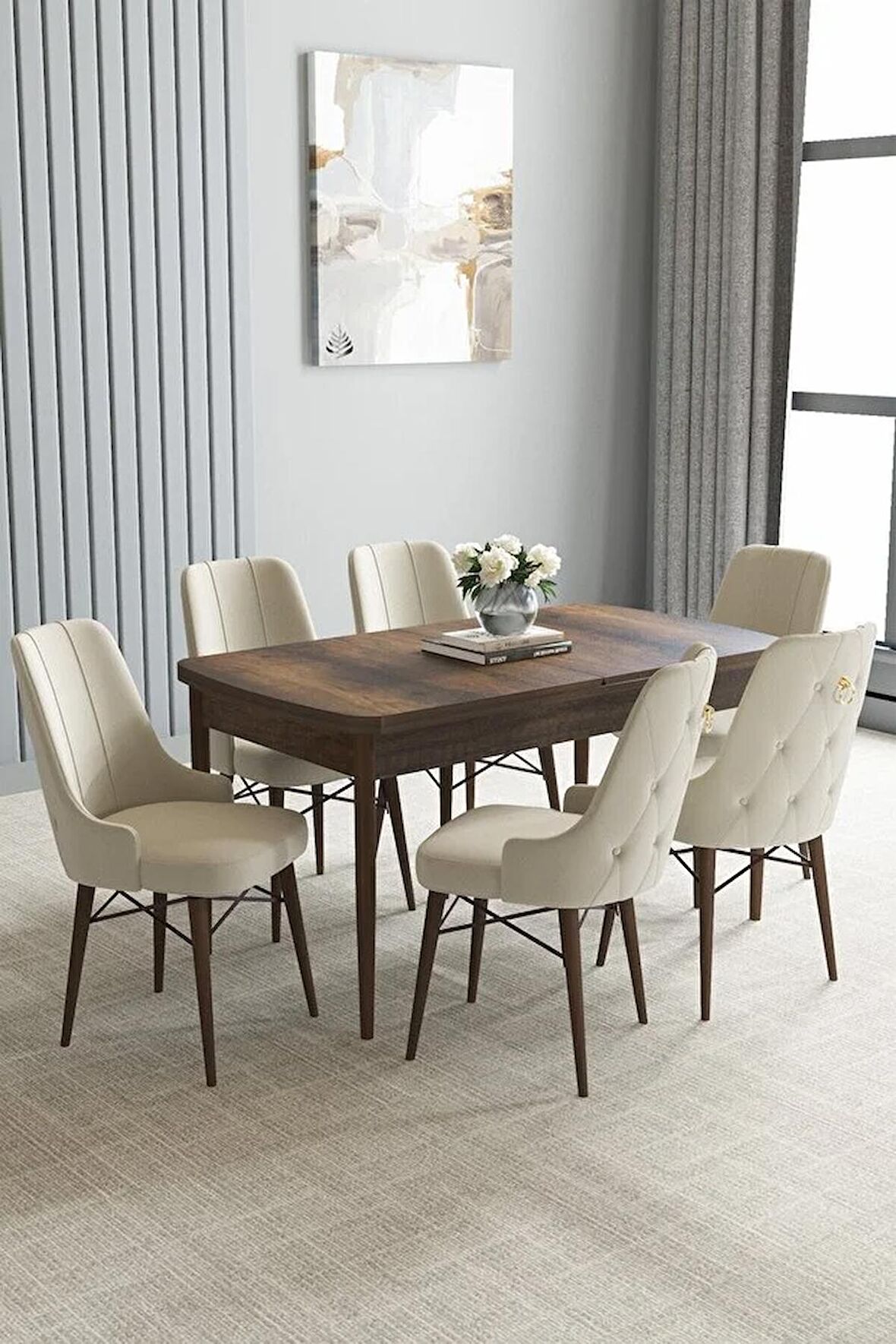 Loft Barok Desen 80x132 Açılabilir Mdf Yemek Odası Takımı 6 Adet Sandalye